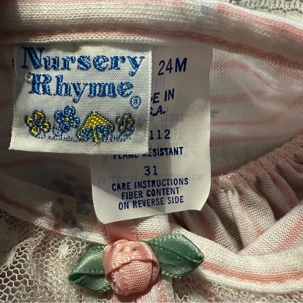 Nursery Rhyme Vintage Girls Pink Striped Floral Lace Footed Sleeper 24M USA Made